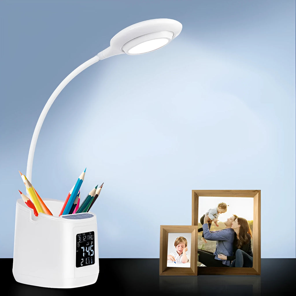 White desk lamp with USB charging cable and touch control switch for study desks