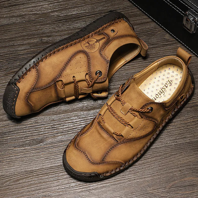 Men's casual microfiber leather shoes in black, gold, or khaki with round toe design
