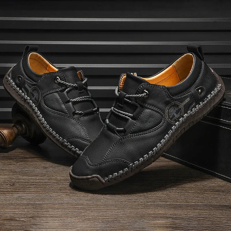 Men's casual microfiber leather shoes in black, gold, or khaki with round toe design