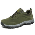 Men's low-cut hiking shoe in army green colour showing mesh lining and viscose sole.