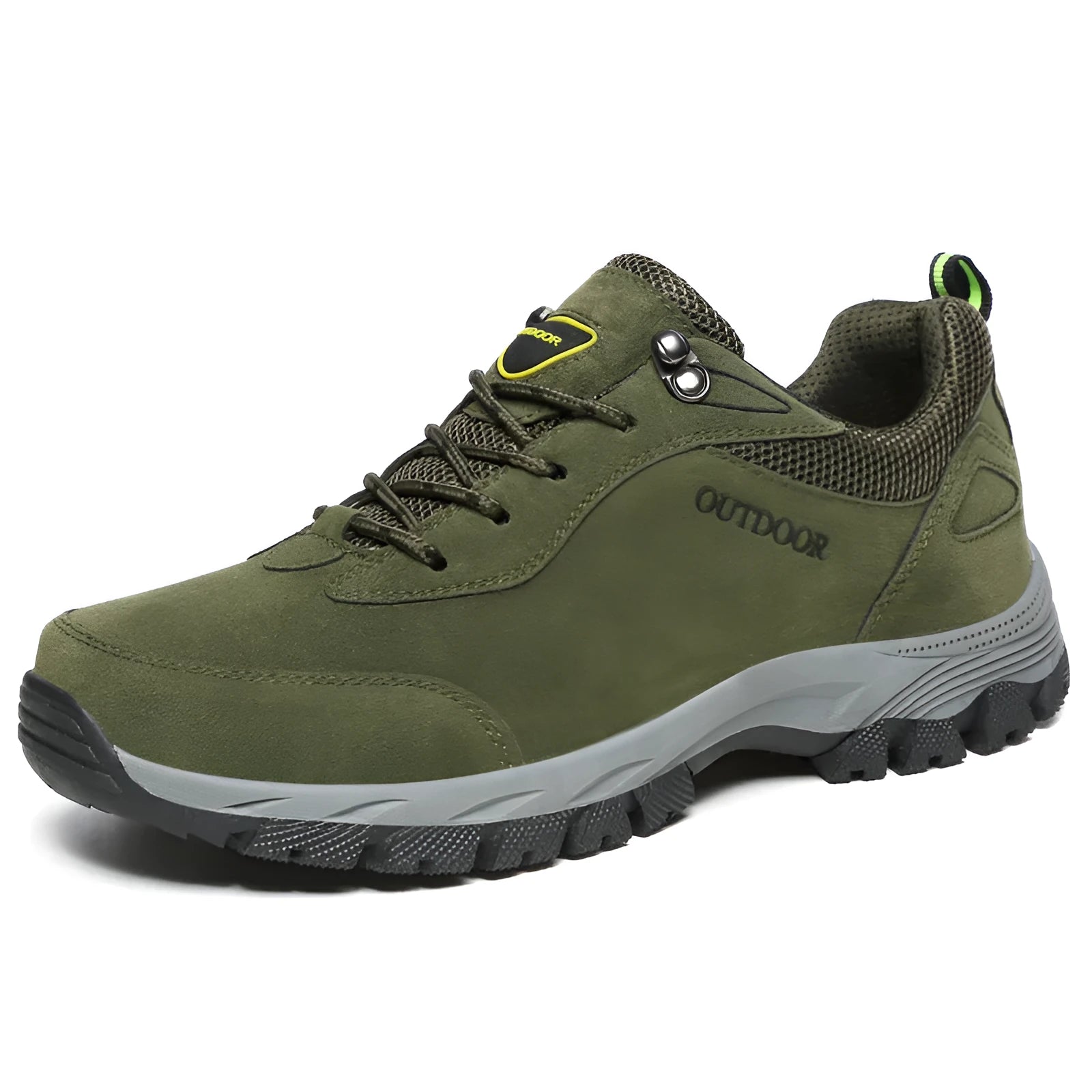 Men's low-cut hiking shoe in army green colour showing mesh lining and viscose sole.
