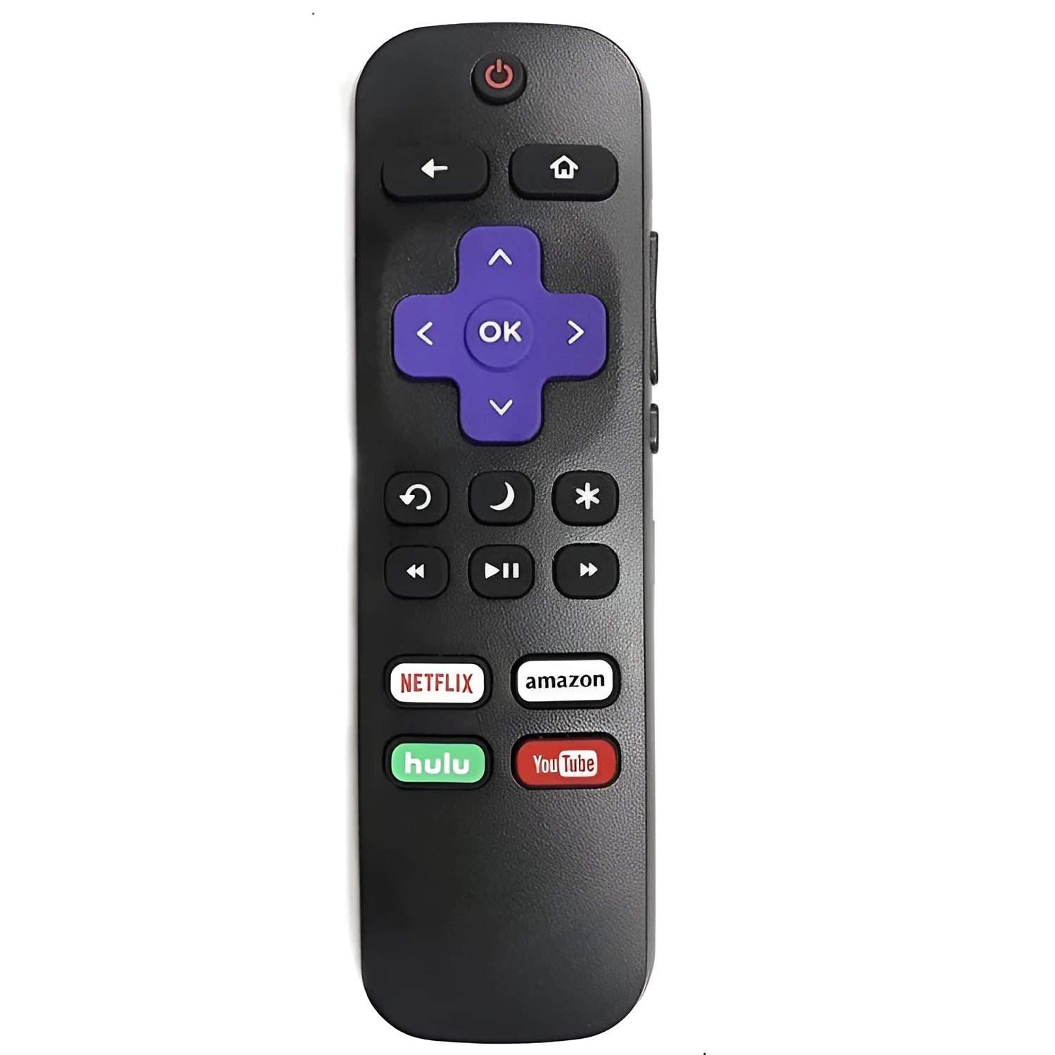 Black Roku television remote control showing front button layout