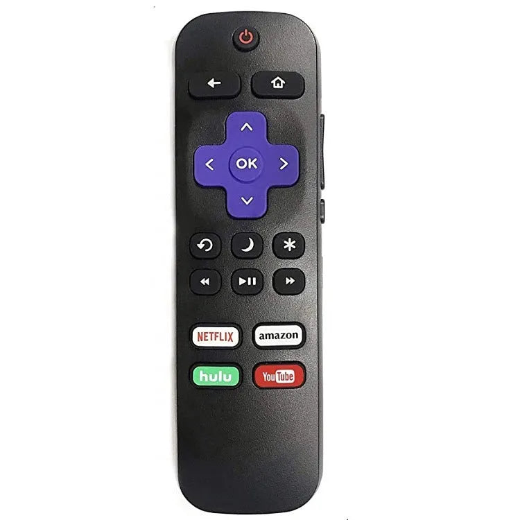 Black Roku television remote control showing front button layout
