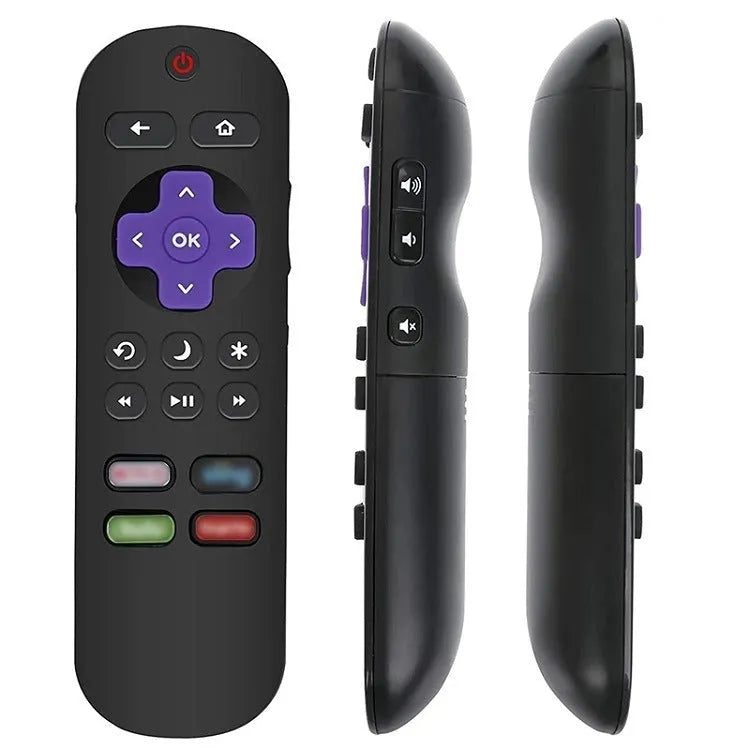Black Roku television remote control showing front button layout