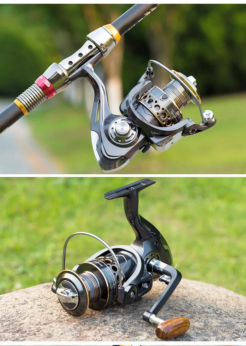 Telescopic carbon fibre fishing rod with spinning reel, solid wood handle, and metal wire cup on a rocky shore