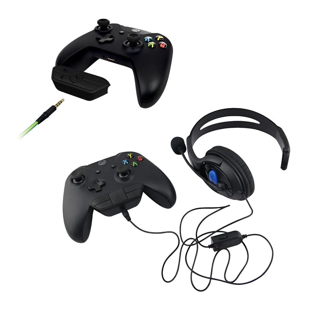 Black wireless headphone adapter converter for Xbox One controller with USB and 3.5mm ports, 8x5x2.5cm