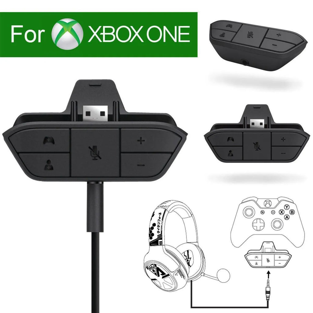 Black wireless headphone adapter converter for Xbox One controller with USB and 3.5mm ports, 8x5x2.5cm