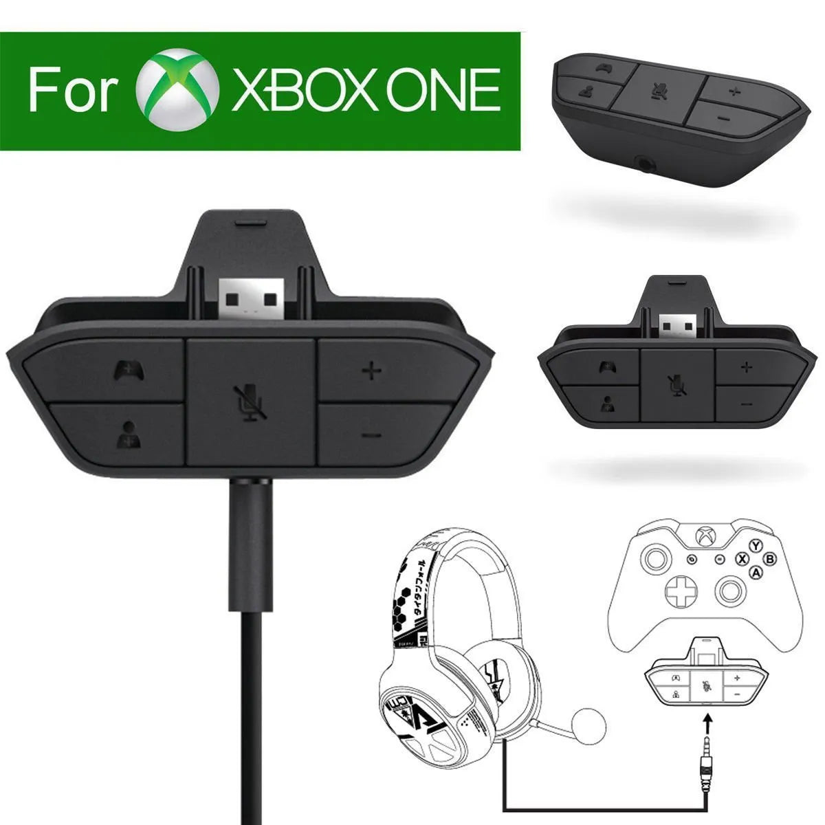 Black wireless headphone adapter converter for Xbox One controller with USB and 3.5mm ports, 8x5x2.5cm