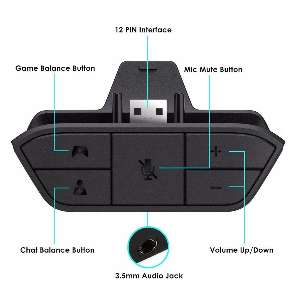 Black wireless headphone adapter converter for Xbox One controller with USB and 3.5mm ports, 8x5x2.5cm