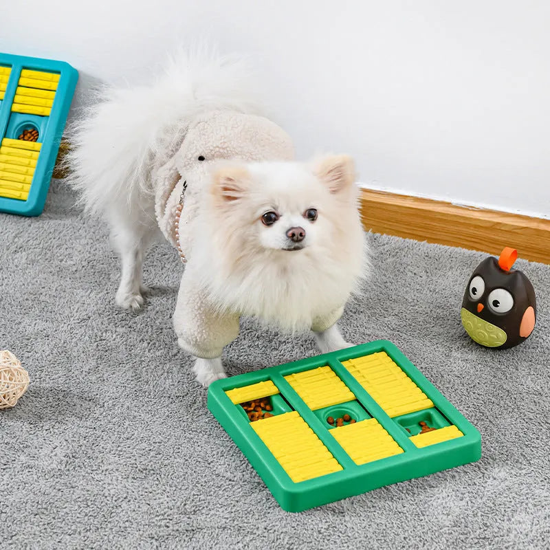 Lake blue plastic interactive puzzle dog toy on a light background