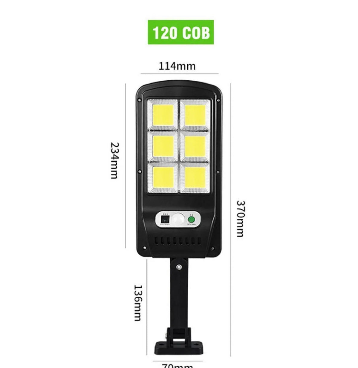 IP67 waterproof solar wall light with high-brightness 120COB LED, black plastic housing, mounted on an outdoor wall
