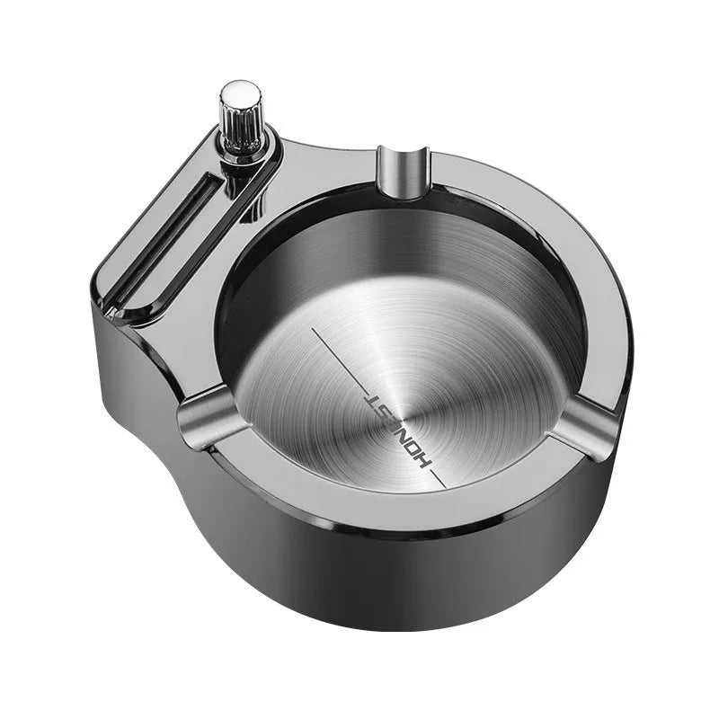 Large blue metal ashtray with integrated permanent match lighter and three cigarette slots.