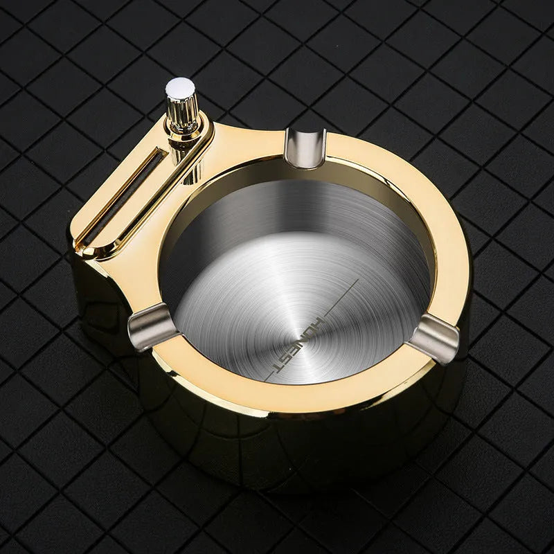Large blue metal ashtray with integrated permanent match lighter and three cigarette slots.
