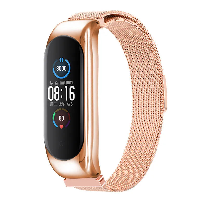 Solid metal three-bead link wristband for Xiaomi Mi Band on a wrist.