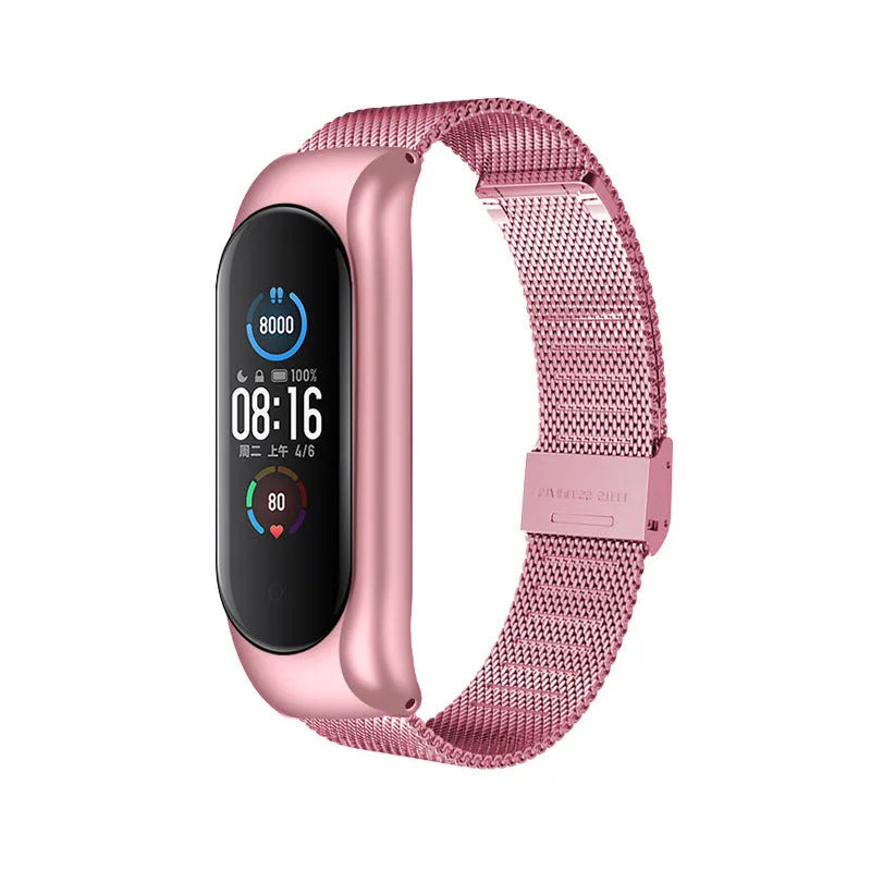 Solid metal three-bead link wristband for Xiaomi Mi Band on a wrist.