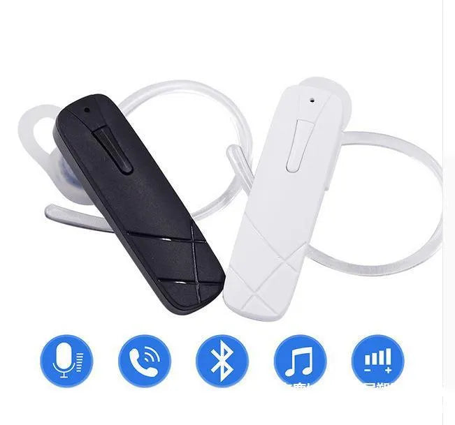 Black and white wireless Bluetooth earphones with earplug design showing battery display and voice control functions