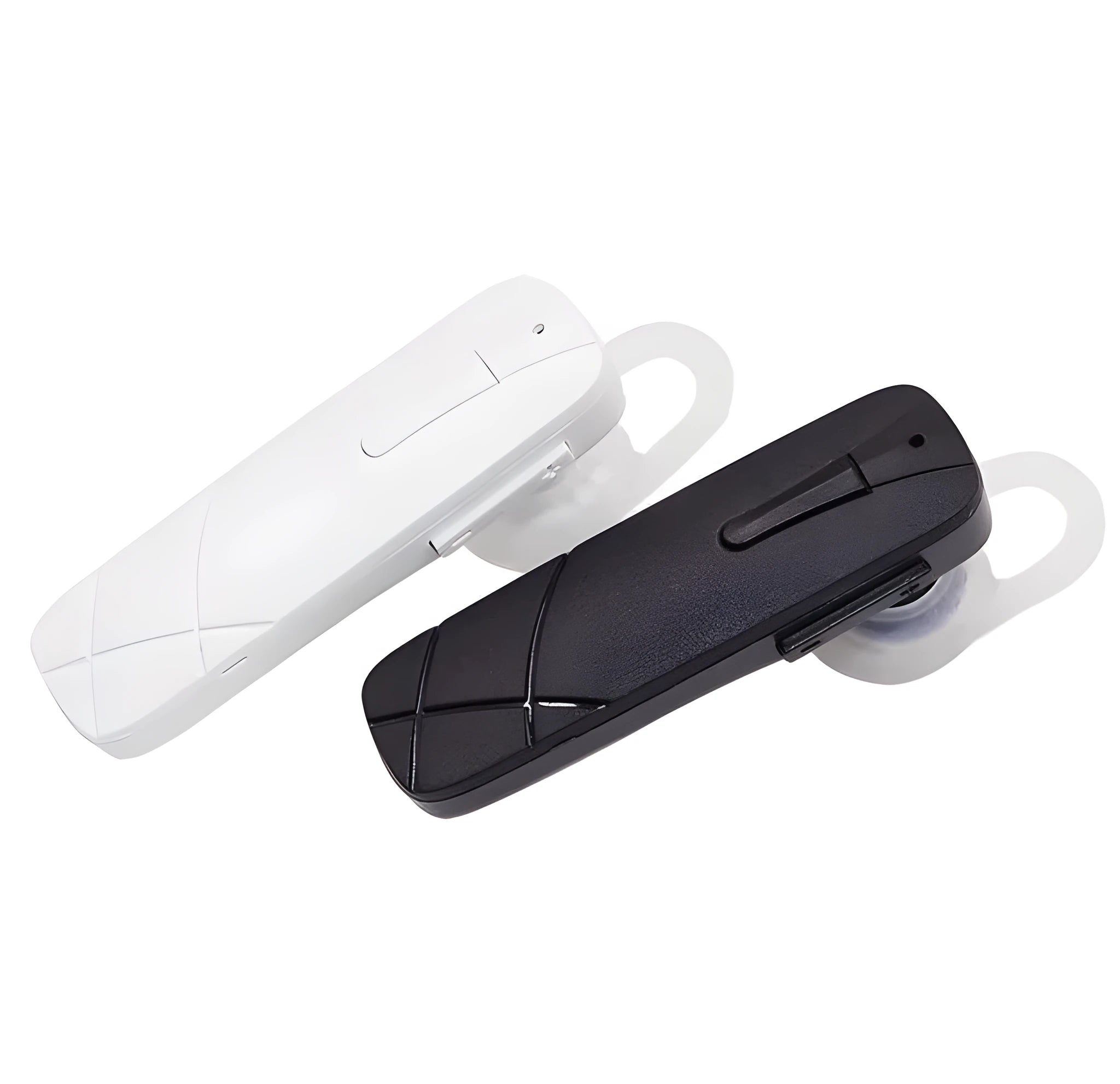 Black and white wireless Bluetooth earphones with earplug design showing battery display and voice control functions