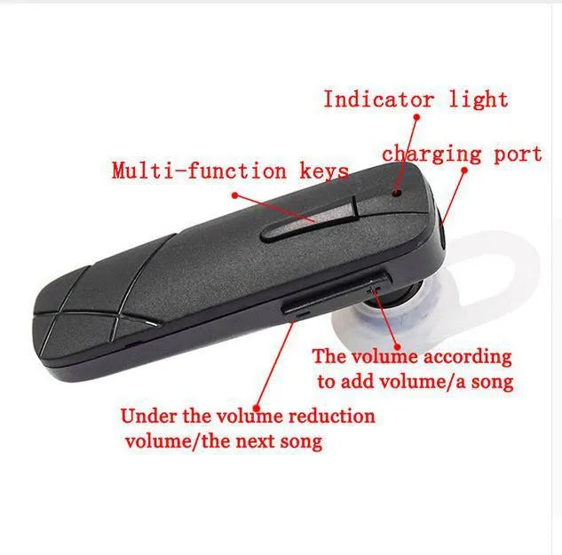 Black and white wireless Bluetooth earphones with earplug design showing battery display and voice control functions