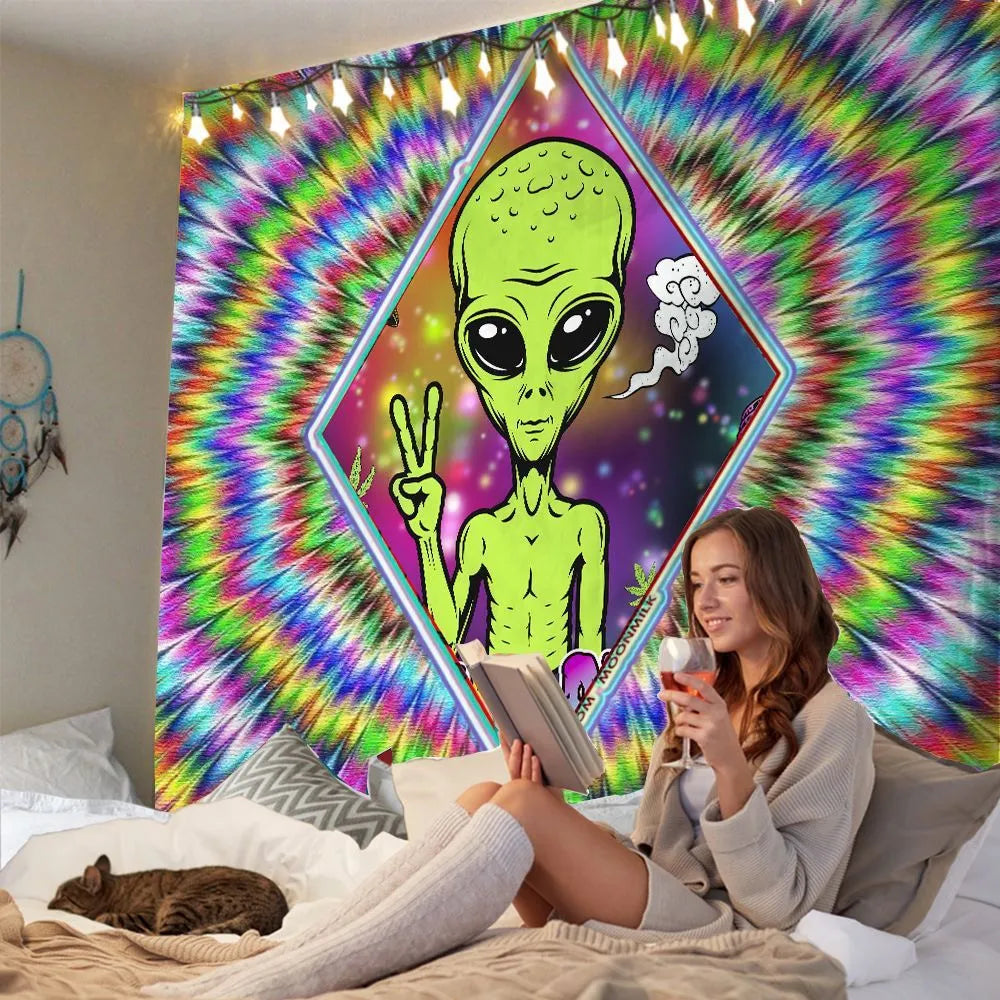 Rectangular machine-woven polyester alien tapestry in American style, size option 150x130cm