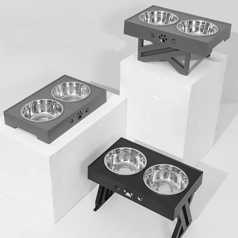 Adjustable height stainless steel dog food bowl with plastic base, black colour, maximum height 288mm