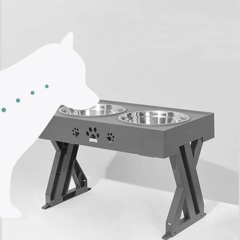 Adjustable height stainless steel dog food bowl with plastic base, black colour, maximum height 288mm