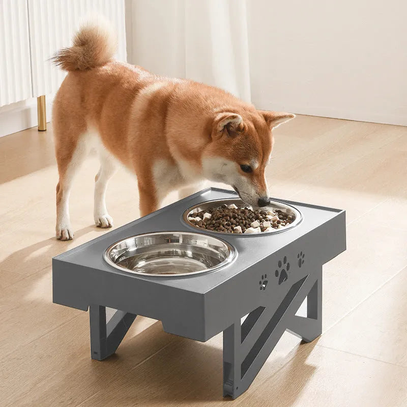 Adjustable height stainless steel dog food bowl with plastic base, black colour, maximum height 288mm