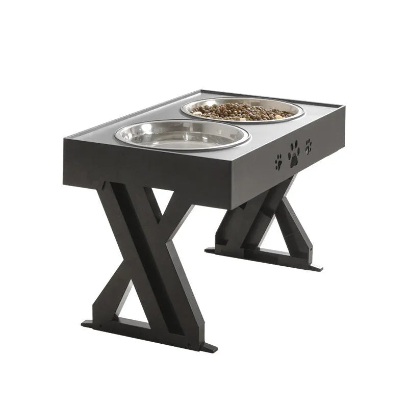 Adjustable height stainless steel dog food bowl with plastic base, black colour, maximum height 288mm