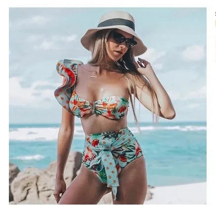 Red high waist bikini set for women with two piece design and adjustable straps on model