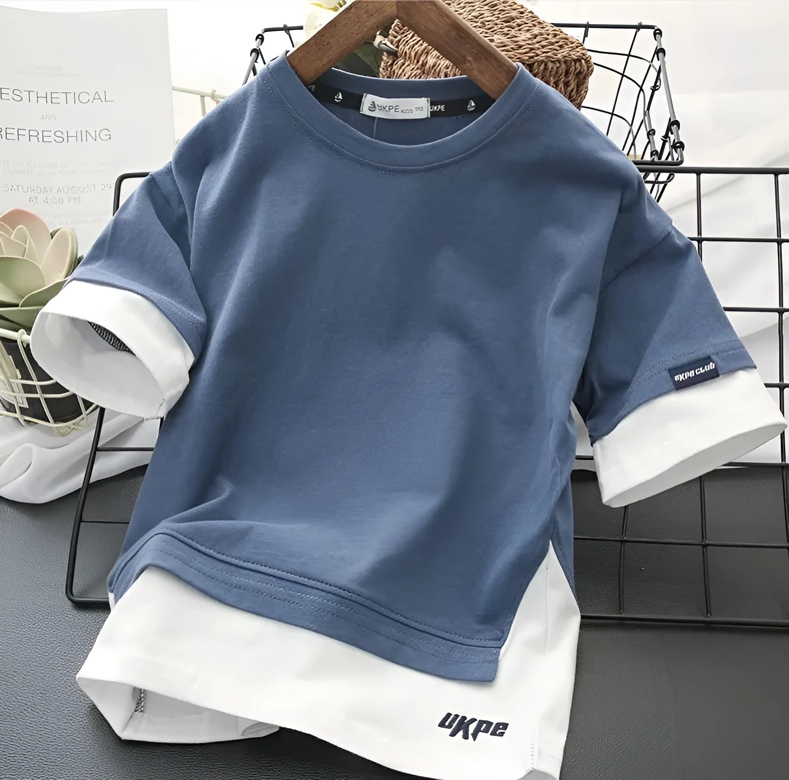 Boys cotton short sleeve T-shirt with removable hood, letter pattern, enzyme wash, in blue