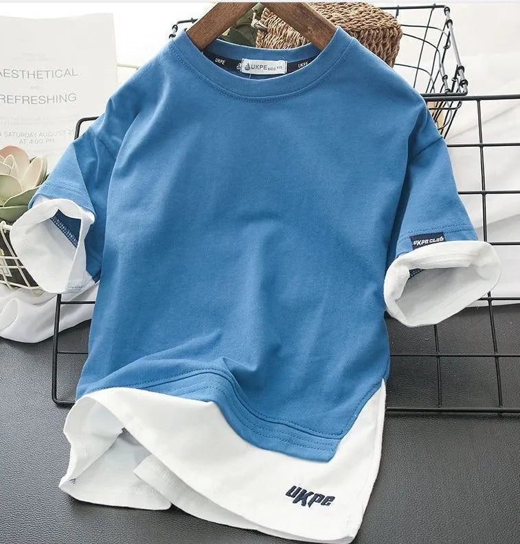 Boys cotton short sleeve T-shirt with removable hood, letter pattern, enzyme wash, in blue