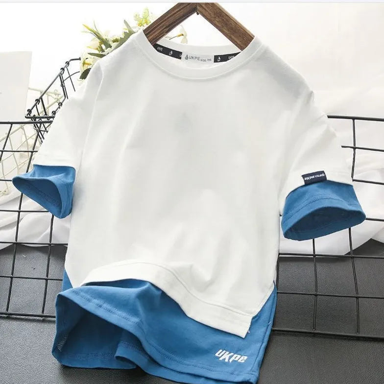 Boys cotton short sleeve T-shirt with removable hood, letter pattern, enzyme wash, in blue