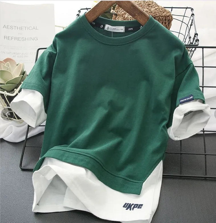 Boys cotton short sleeve T-shirt with removable hood, letter pattern, enzyme wash, in blue