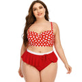 Plus size women's push up bikini set with retro wave dot pattern in red dots and blue dots, sizes L to 5XL