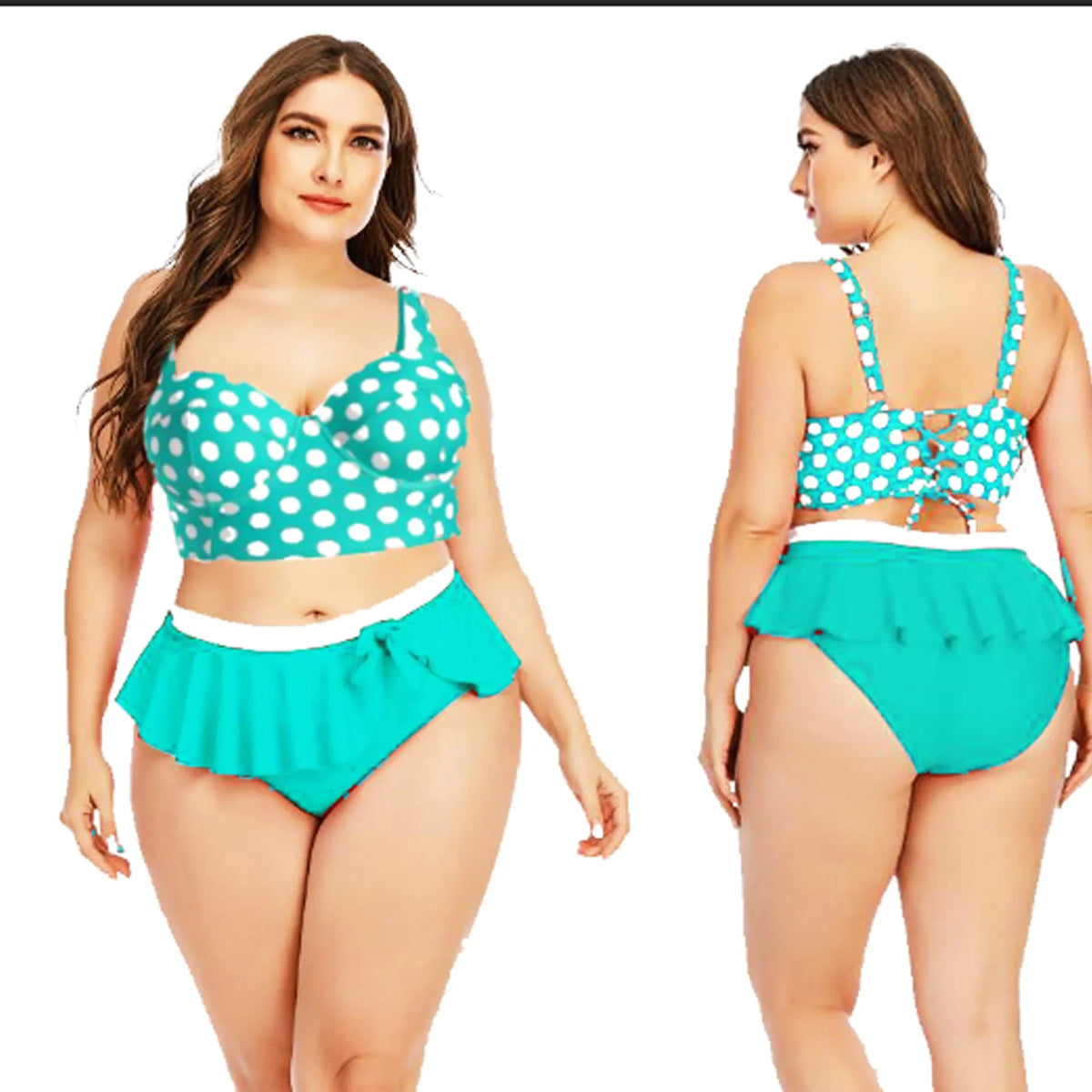 Plus size women's push up bikini set with retro wave dot pattern in red dots and blue dots, sizes L to 5XL