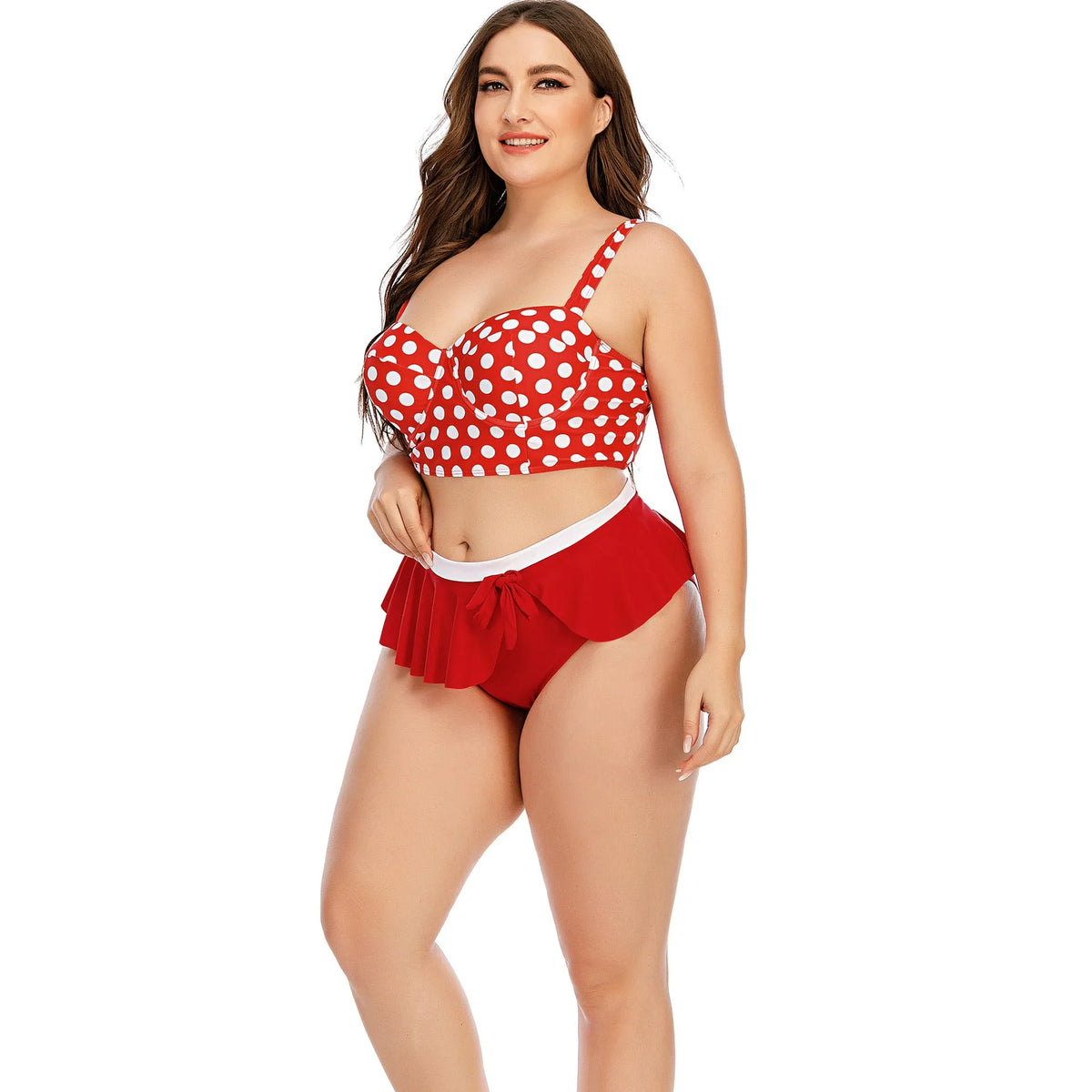 Plus size women's push up bikini set with retro wave dot pattern in red dots and blue dots, sizes L to 5XL