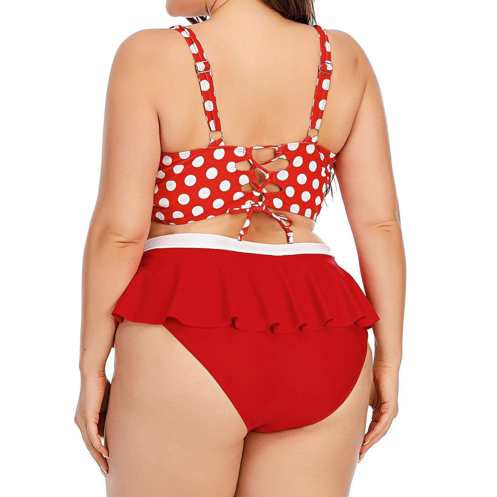 Plus size women's push up bikini set with retro wave dot pattern in red dots and blue dots, sizes L to 5XL