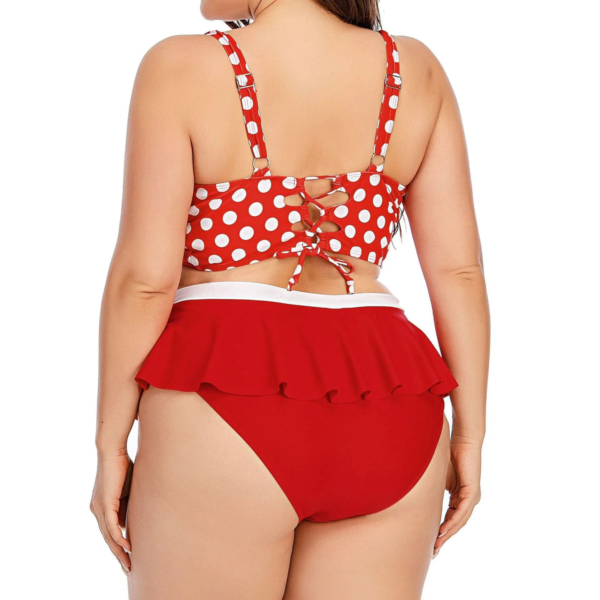Plus size women's push up bikini set with retro wave dot pattern in red dots and blue dots, sizes L to 5XL