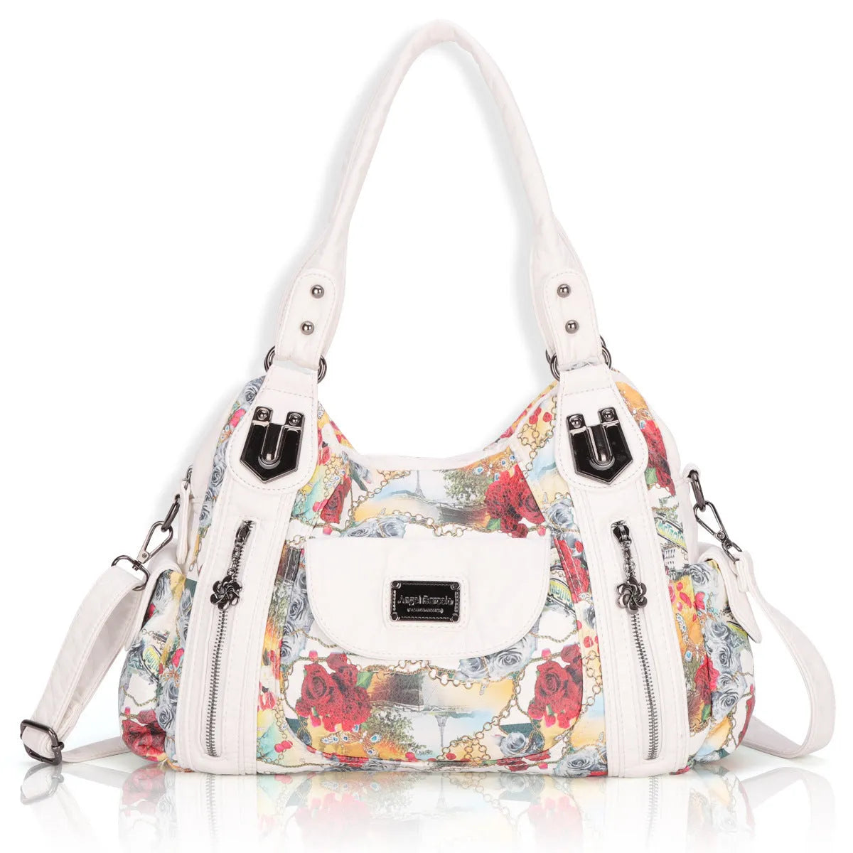 White dumpling-style messenger bag with square shape and shoulder strap
