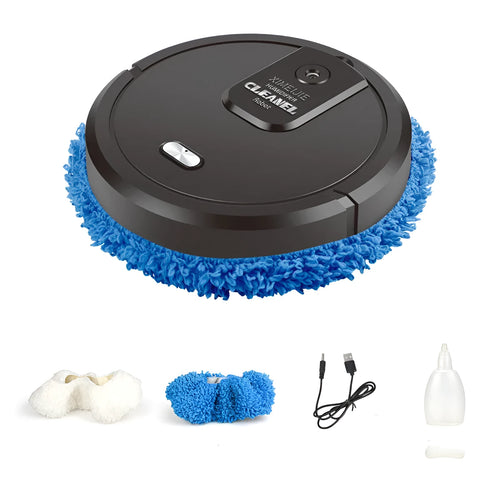 Automatic spray sweeping and mopping robot cleaner on floor with blue cleaning cloth attached