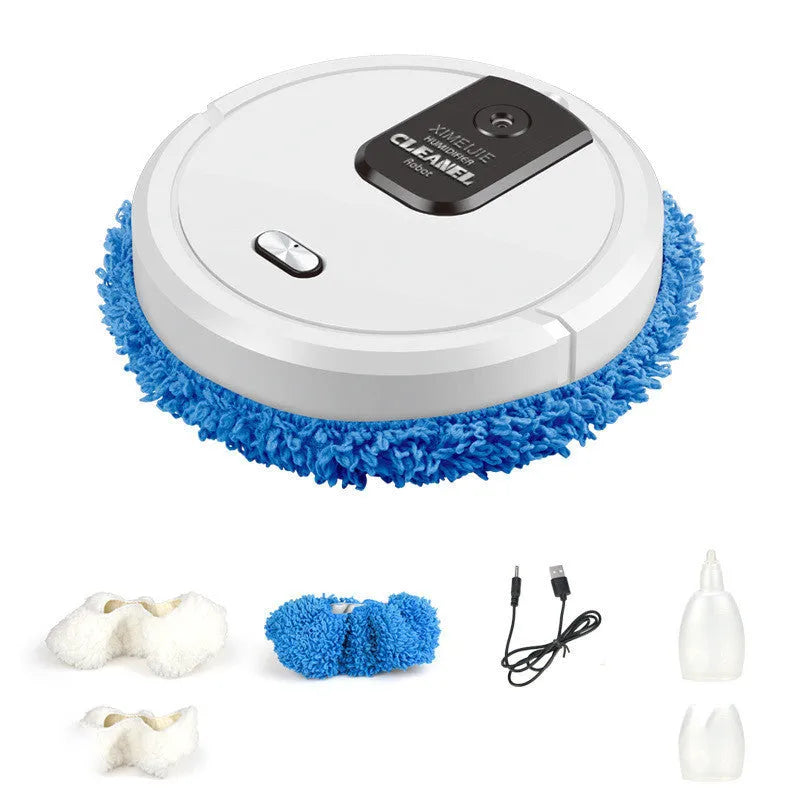 Automatic spray sweeping and mopping robot cleaner on floor with blue cleaning cloth attached