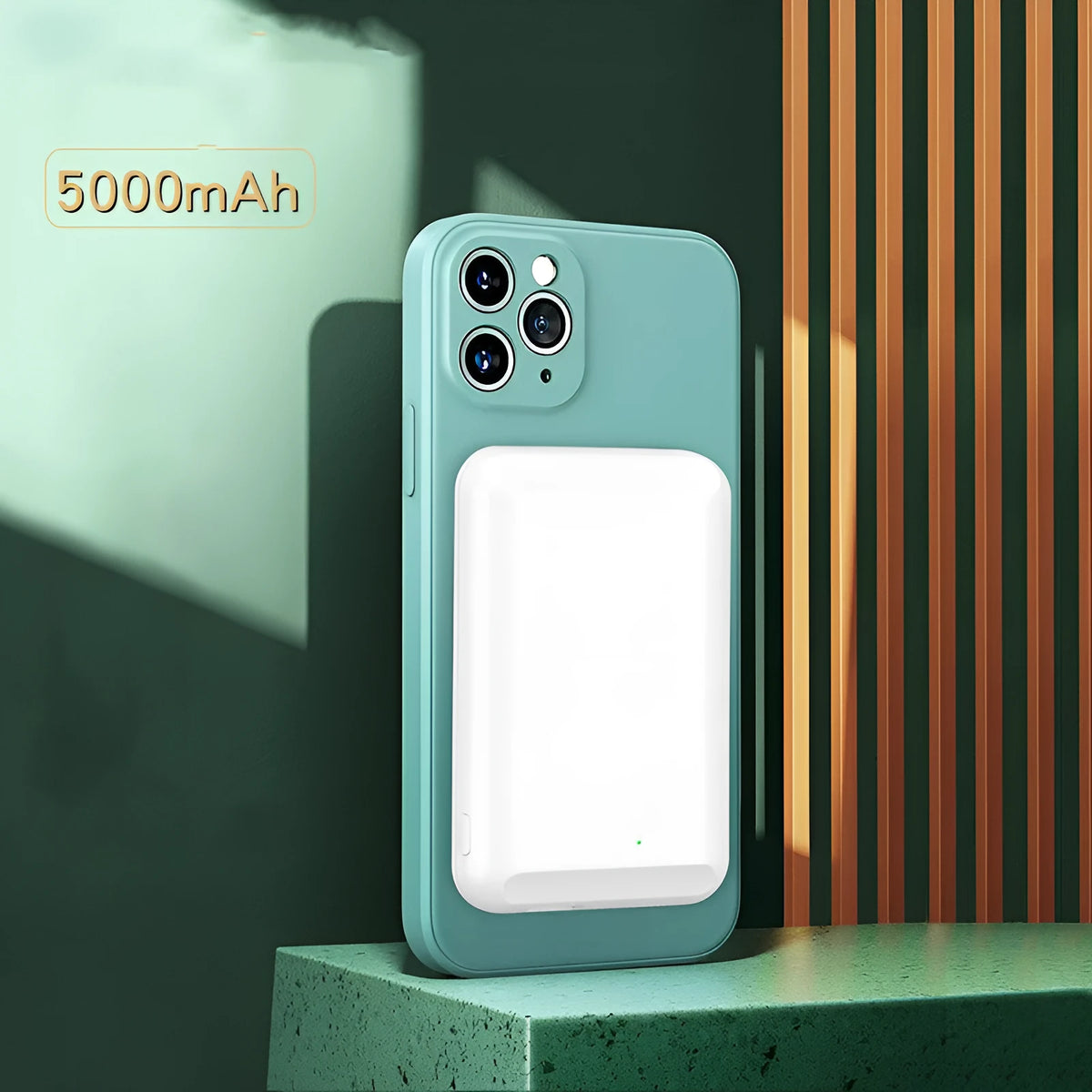 Fast magnetising wireless power bank 5000mAh in black, blue, green, pink, and white colours on a white background