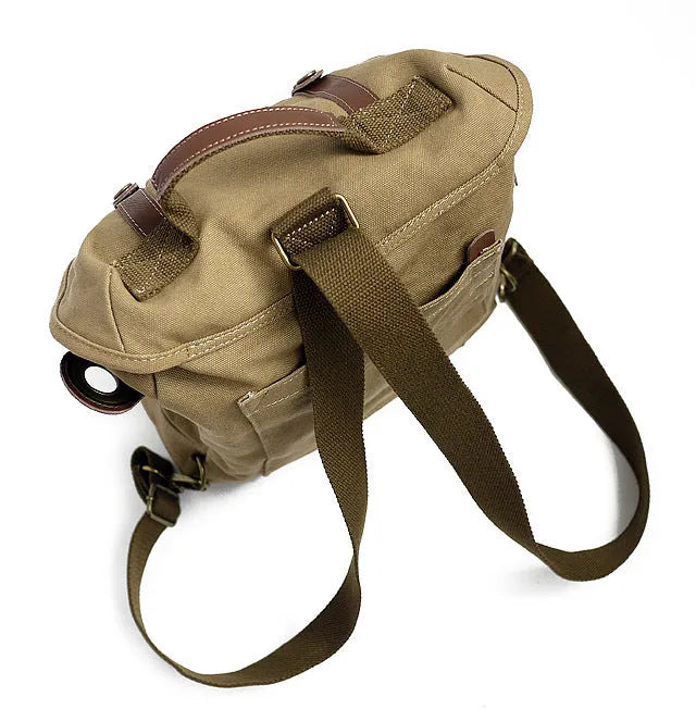 Canvas SLR camera shoulder bag in brown withered yellow with external dimensions 28x13x34cm