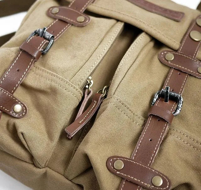 Canvas SLR camera shoulder bag in brown withered yellow with external dimensions 28x13x34cm