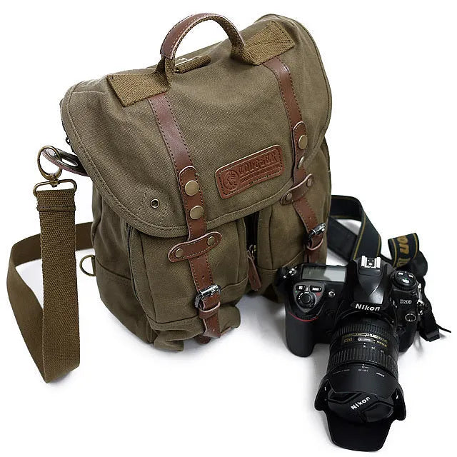 Canvas SLR camera shoulder bag in brown withered yellow with external dimensions 28x13x34cm