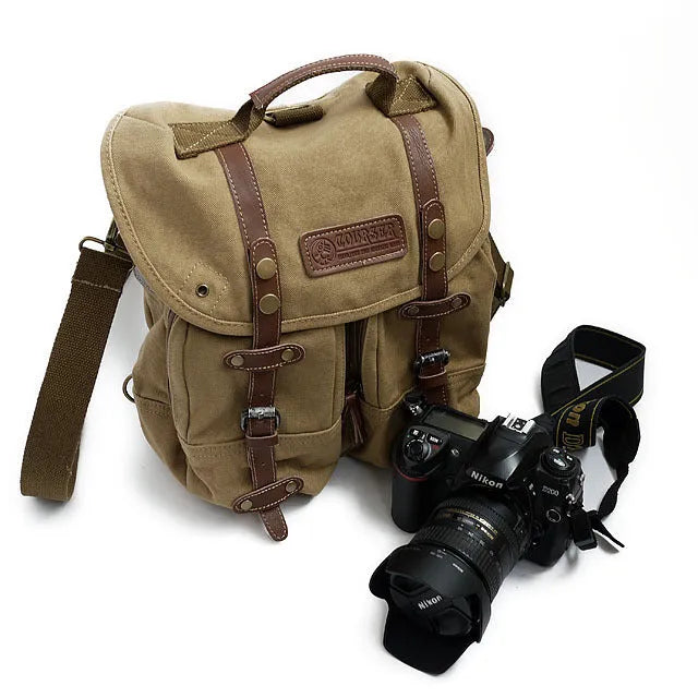 Canvas SLR camera shoulder bag in brown withered yellow with external dimensions 28x13x34cm