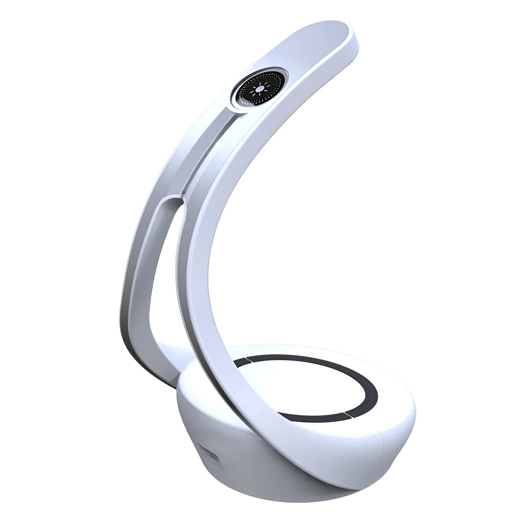 White wireless charging desk lamp with LED light and Bluetooth speaker, 125x146x228mm, HY1801D