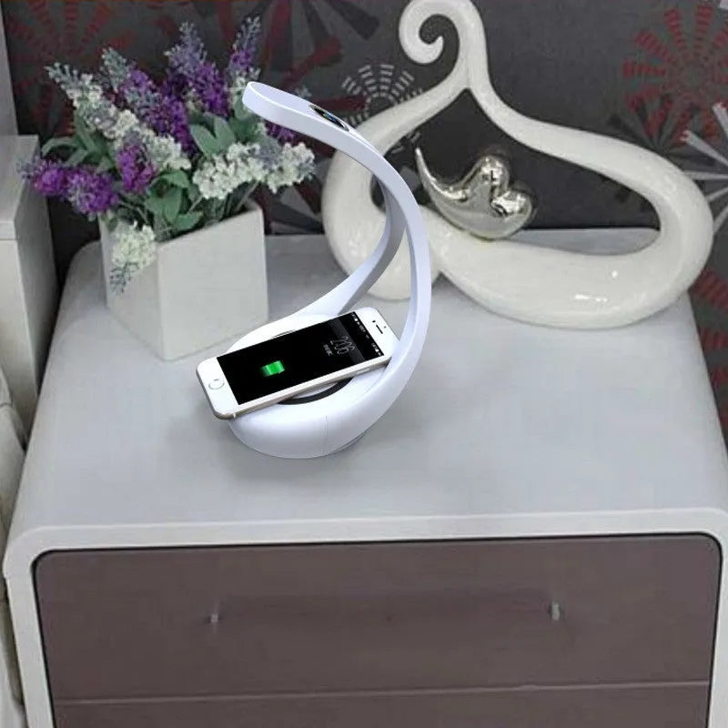 White wireless charging desk lamp with LED light and Bluetooth speaker, 125x146x228mm, HY1801D
