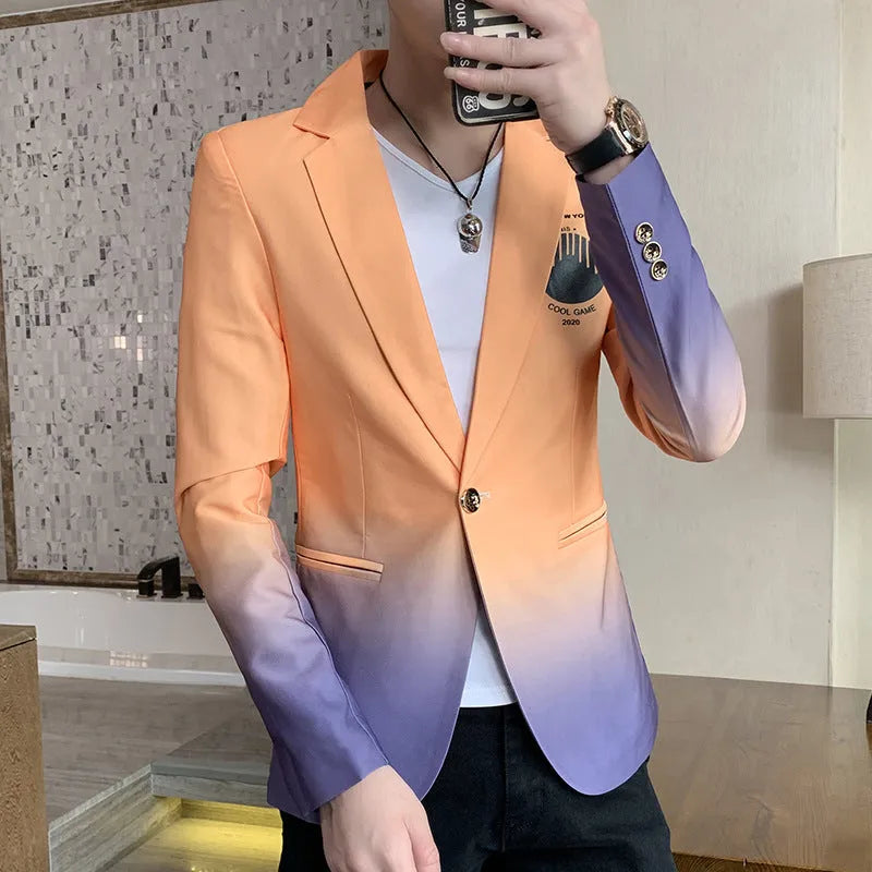 Men's gradient Korean style slim fit blazer jacket in Khaki with one-button closure and suit collar