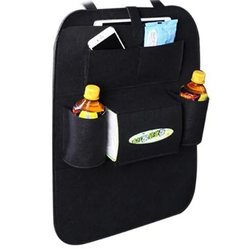 Multi-purpose auto seat organizer bag in wool felt, 33cm x 14cm x 5.5cm, black colour, on car seat back