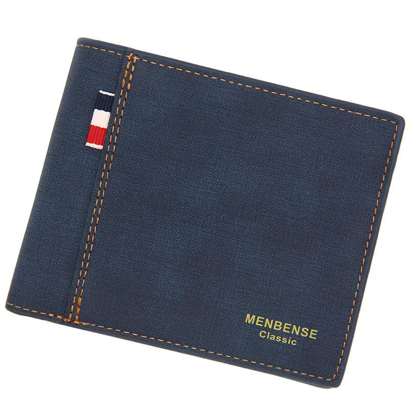 Men's retro-style tri-fold wallet shown in black, navy blue, dark brown, and light brown colour options.